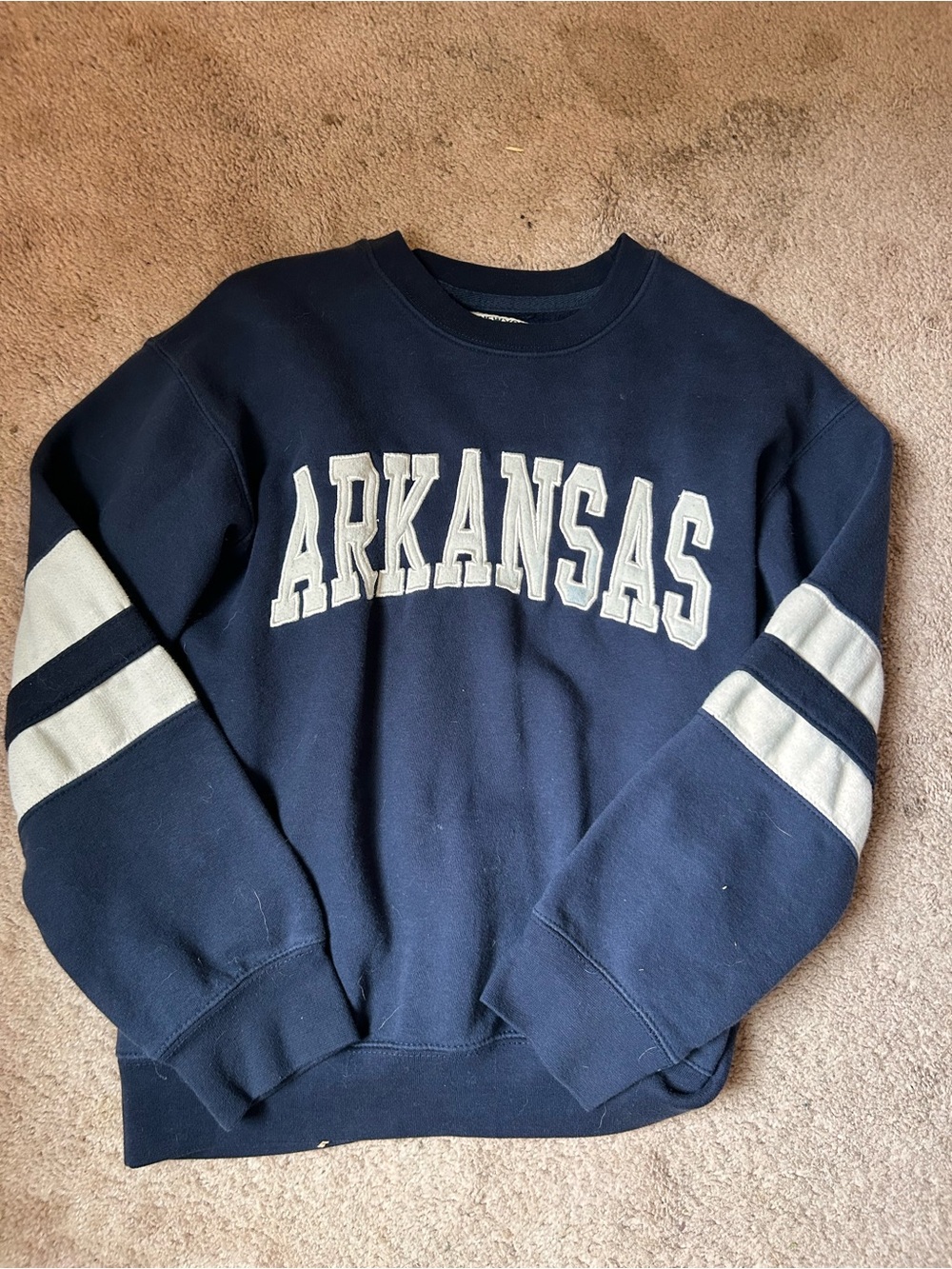 New York & Company Navy Crewneck Sweatshirt with White Stripes